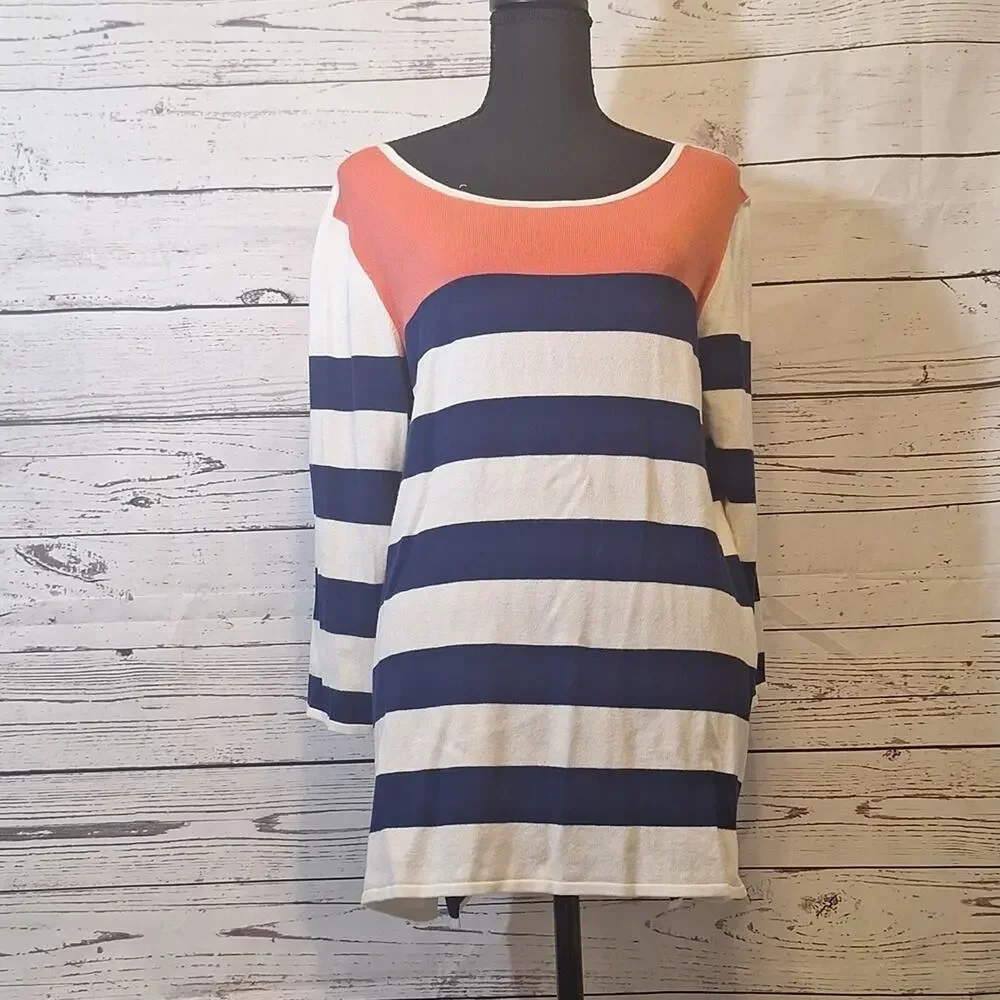 NWT Investments Striped Navy/White/ Melon Lightweight Sweater  sz XL (14?) #845